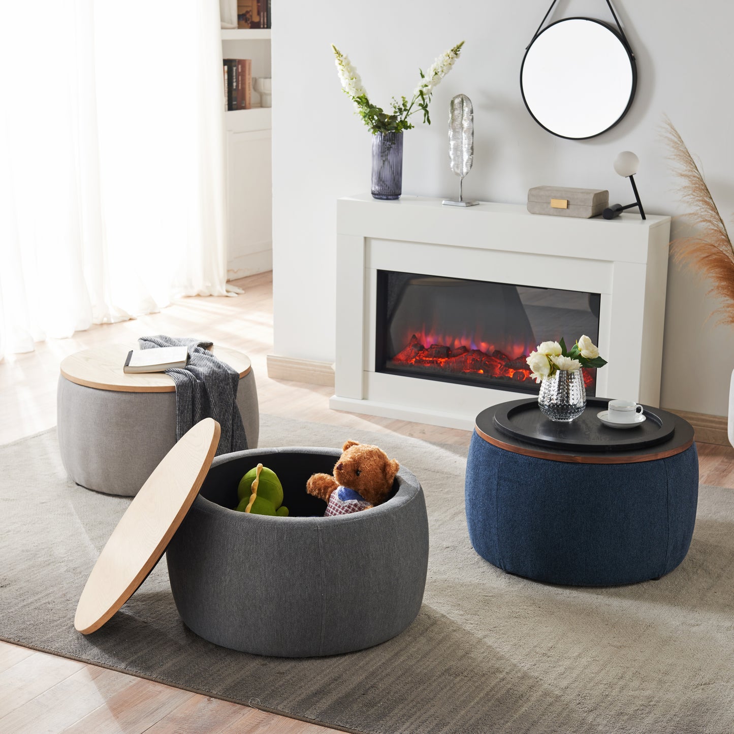26" Blue and Brown Fabric And Wood Reversible Tray Top Round Storage Ottoman