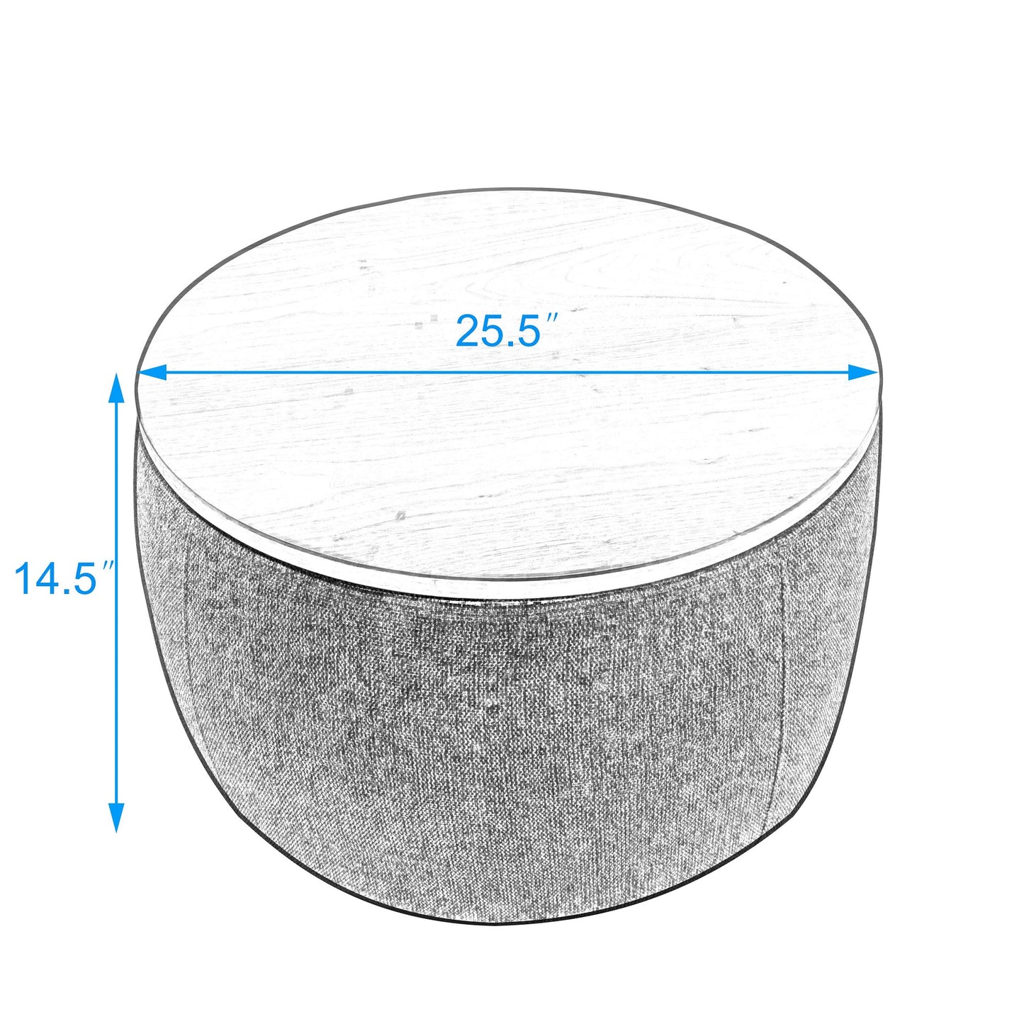 26" Dark Gray and Natural Fabric And Wood Reversible Tray Top Round Storage Ottoman