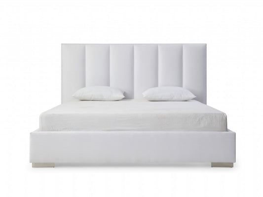 White Ribbed Texture Velvet Upholstered Queen Bed Frame