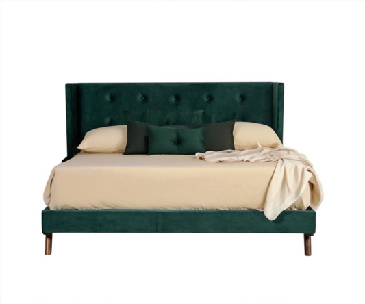 Green Wood And Tufted Velvet King Bed Frame