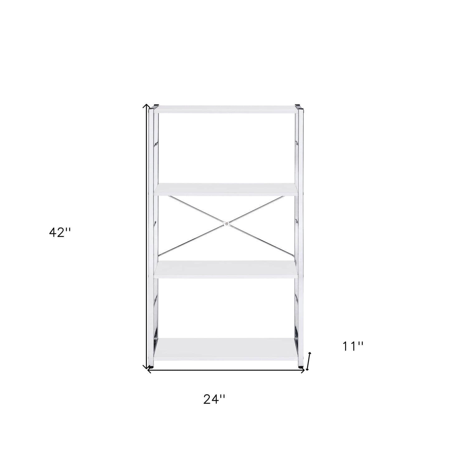 42" White And Silver Metal and Wood Four Tier Etagere Bookcase