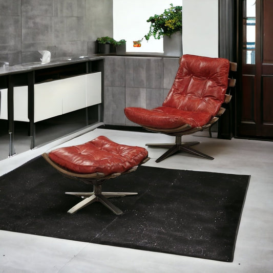 27" Red and Brown Top Grain Leather Tufted Swivel Lounge Chair With Ottoman