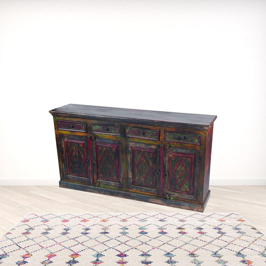 72" Dark Brown and Green Solid Wood Four Drawer Sideboard with Four Doors