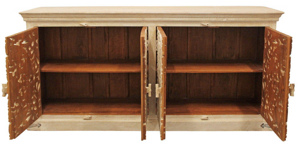 71" Beige Distressed Solid Wood Carved Scrollwork Sideboard with Four Doors