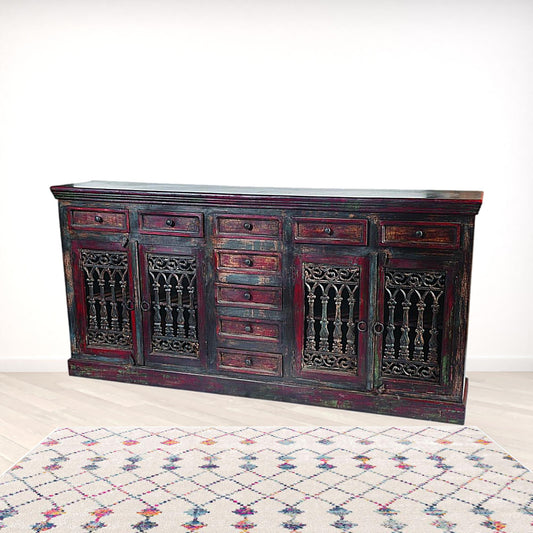90" Brown Solid Wood Nine Drawer Buffet Table with Four Doors