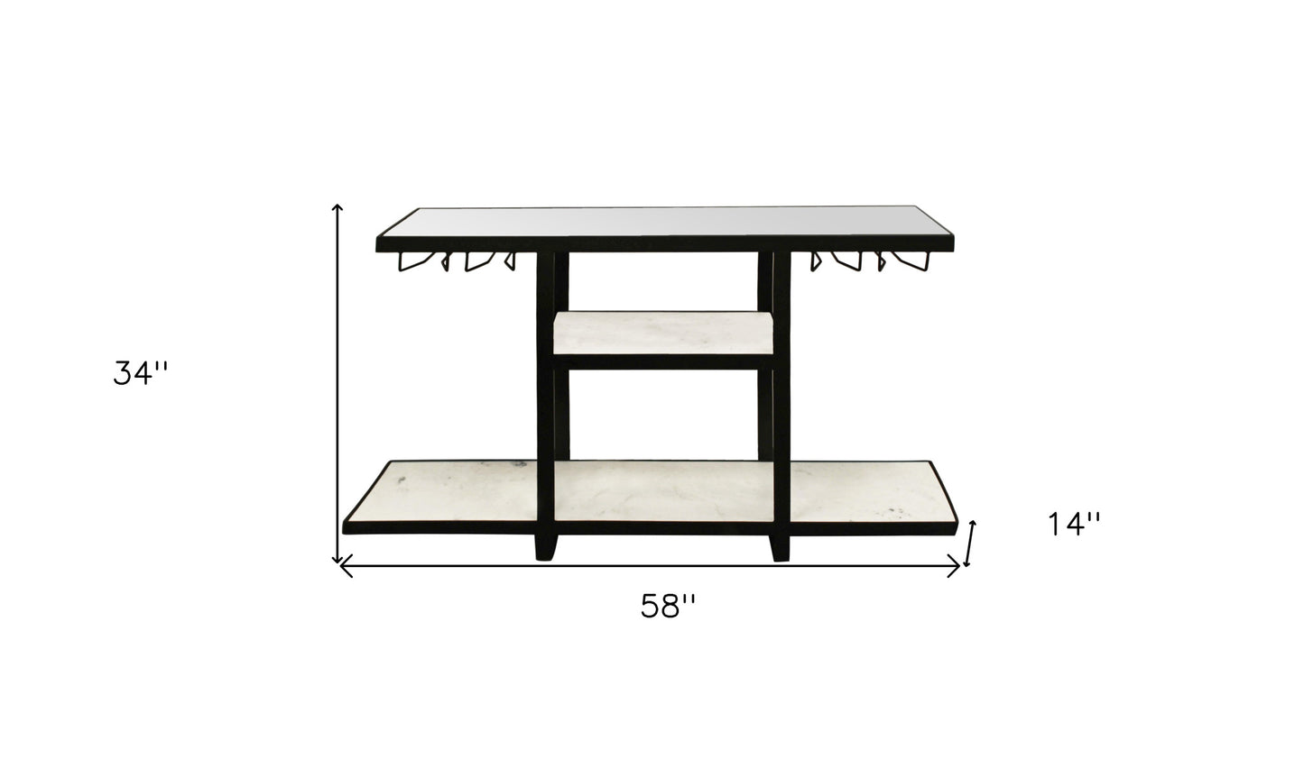 58" White and Black Genuine Marble Floor Shelf Console Table Two Shelves