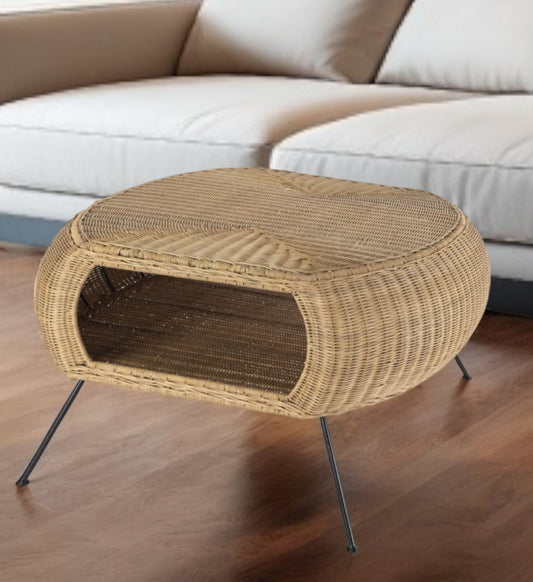 38" Natural and Black Rattan and Iron Oval Coffee Table