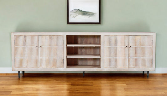 92" Ivory Carved Geometric Distressed Solid Wood Enclosed and Open Storage TV Stand