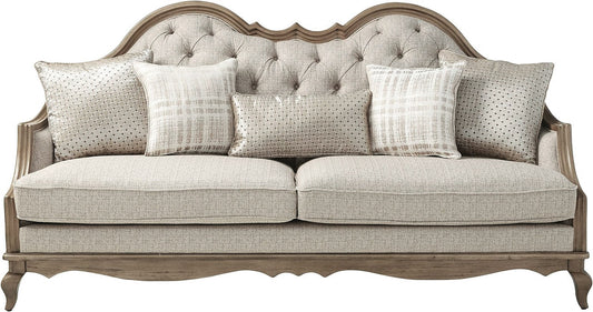 86" Brown And Beige Upholstered Solid Wood Sofa With Toss Pillows