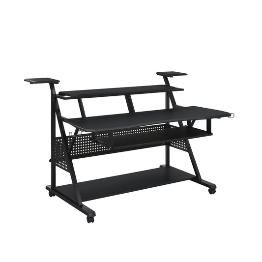 67" Black Wood and Metal Rolling Computer Desk