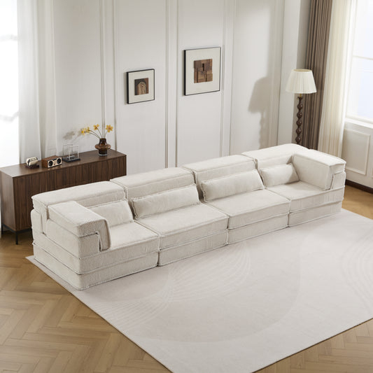Compression Mahjong Sofa,Convertible Floor Sofa Bed,DIY Boneless Modular Sectional Sofa,No Assembly Required,Circle Fleece Fabric,Oversized 4 Seater With 4 Pillows,White