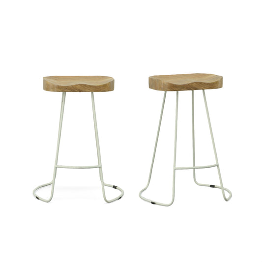 Set of Two 25" Natural and White Solid Wood and Steel Backless Counter Height Bar Chairs