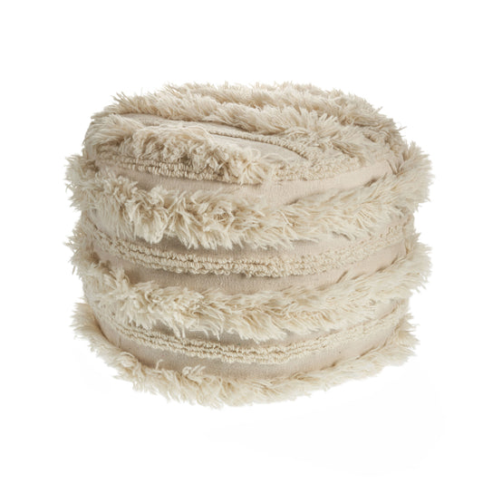 18" Ivory Cotton Round Striped Pouf Ottoman