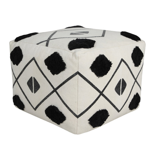 18" White Cotton Geometric Pouf Ottoman
