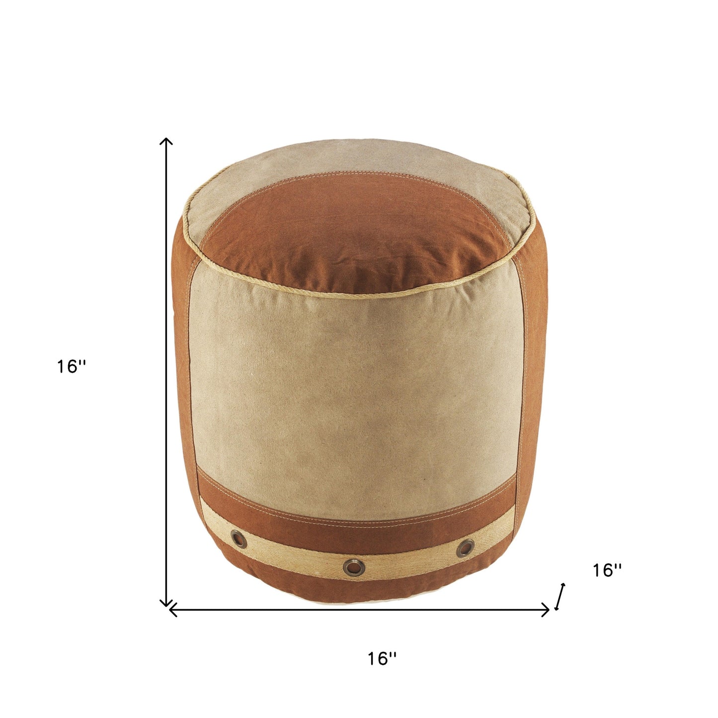 16" Tan Cotton Cylinder Striped Pouf Ottoman