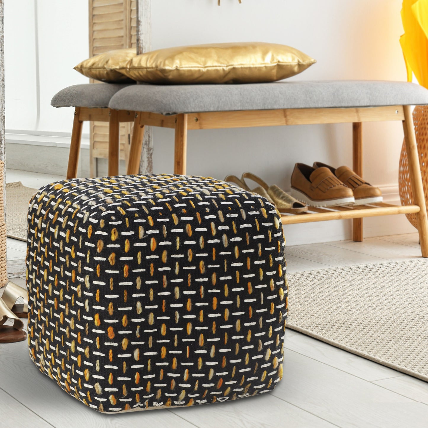 16" Black Fabric Geometric Pouf Ottoman