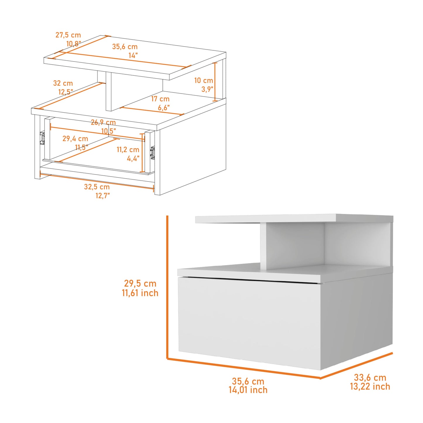 12" Wood One Drawer Floating Nightstand