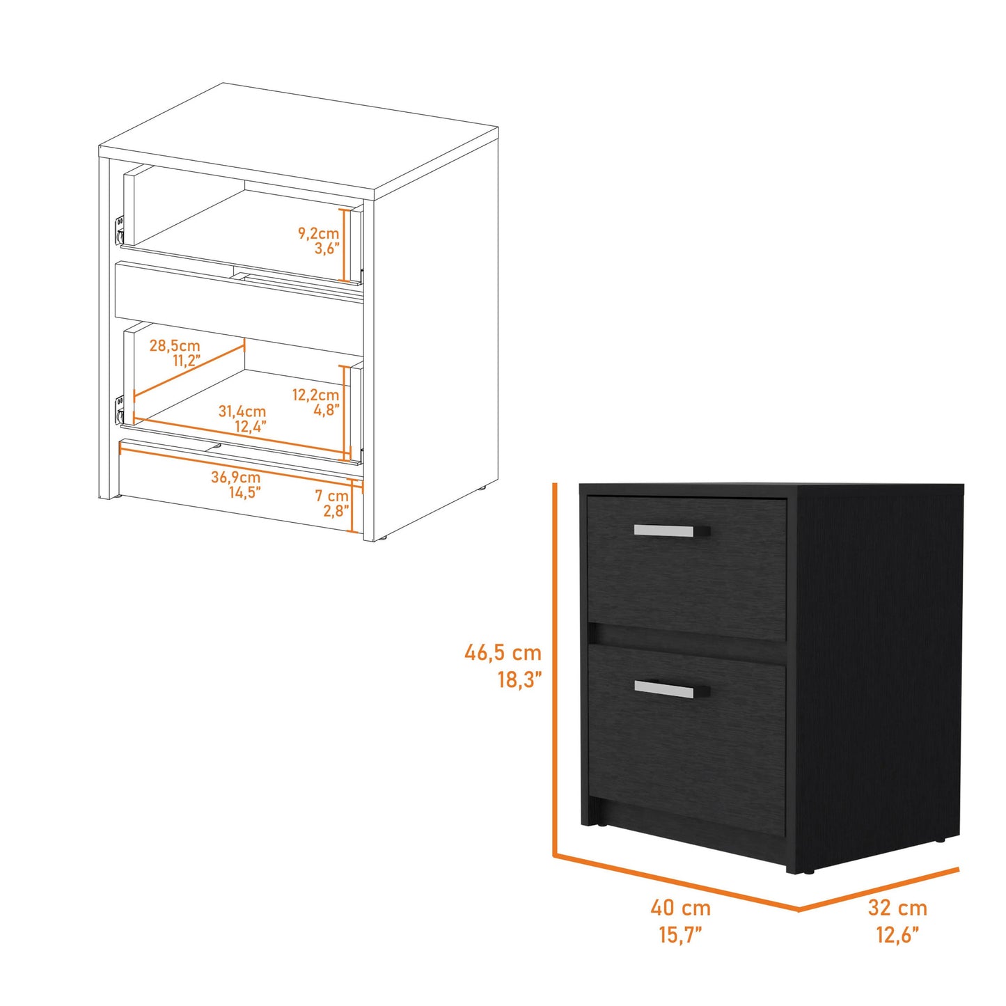 19" Black Wood Two Drawer Nightstand with Integrated Tech