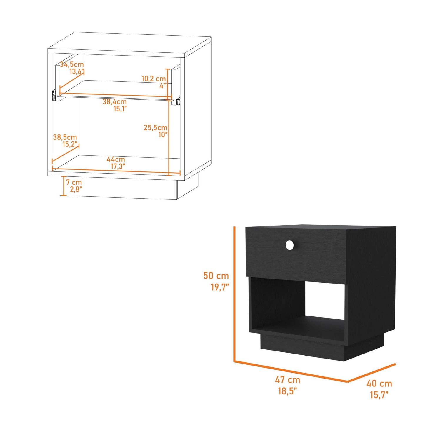 20" Black Wood One Drawer Nightstand with Integrated Tech