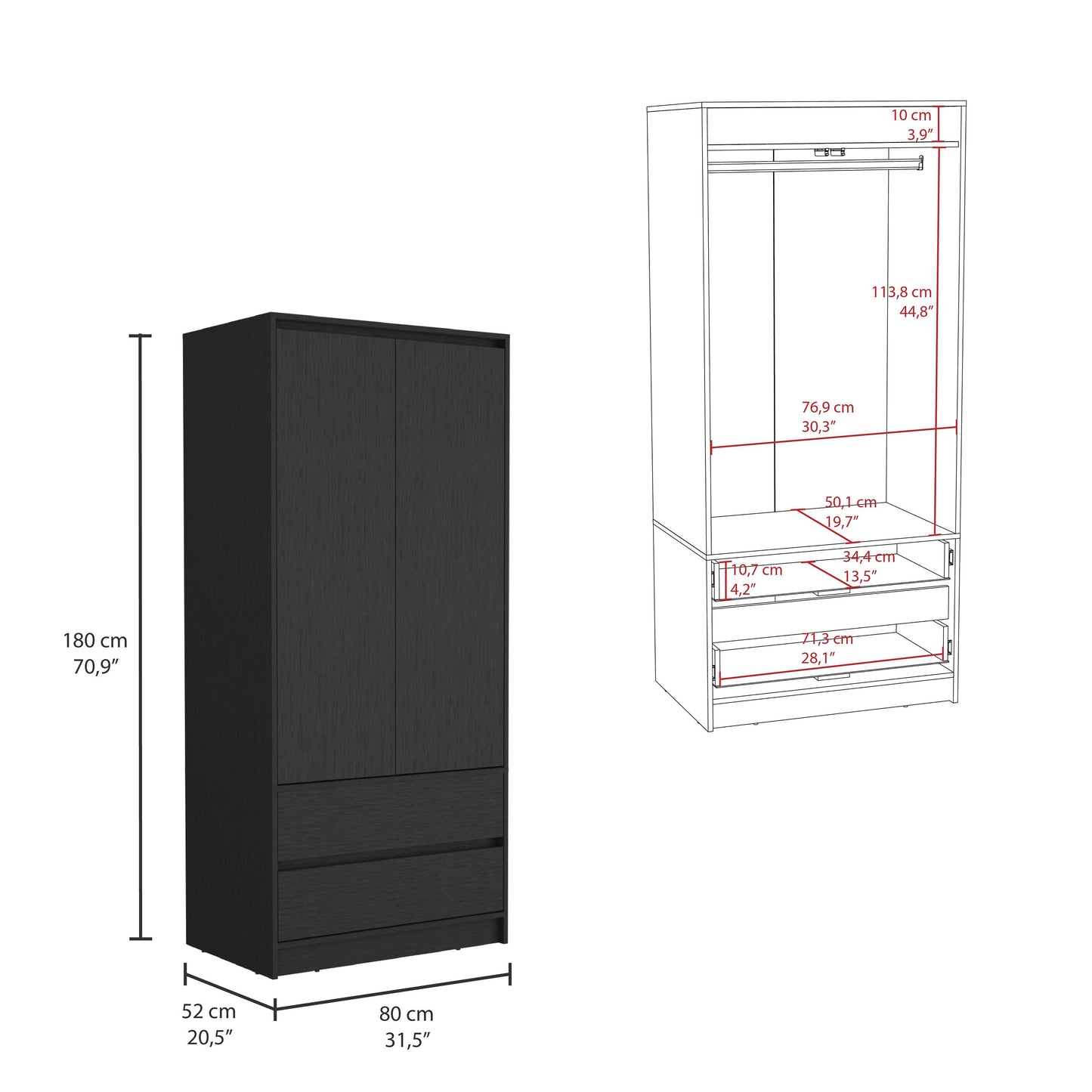 71" Black Wood Two Door Two Drawer Combo Dresser