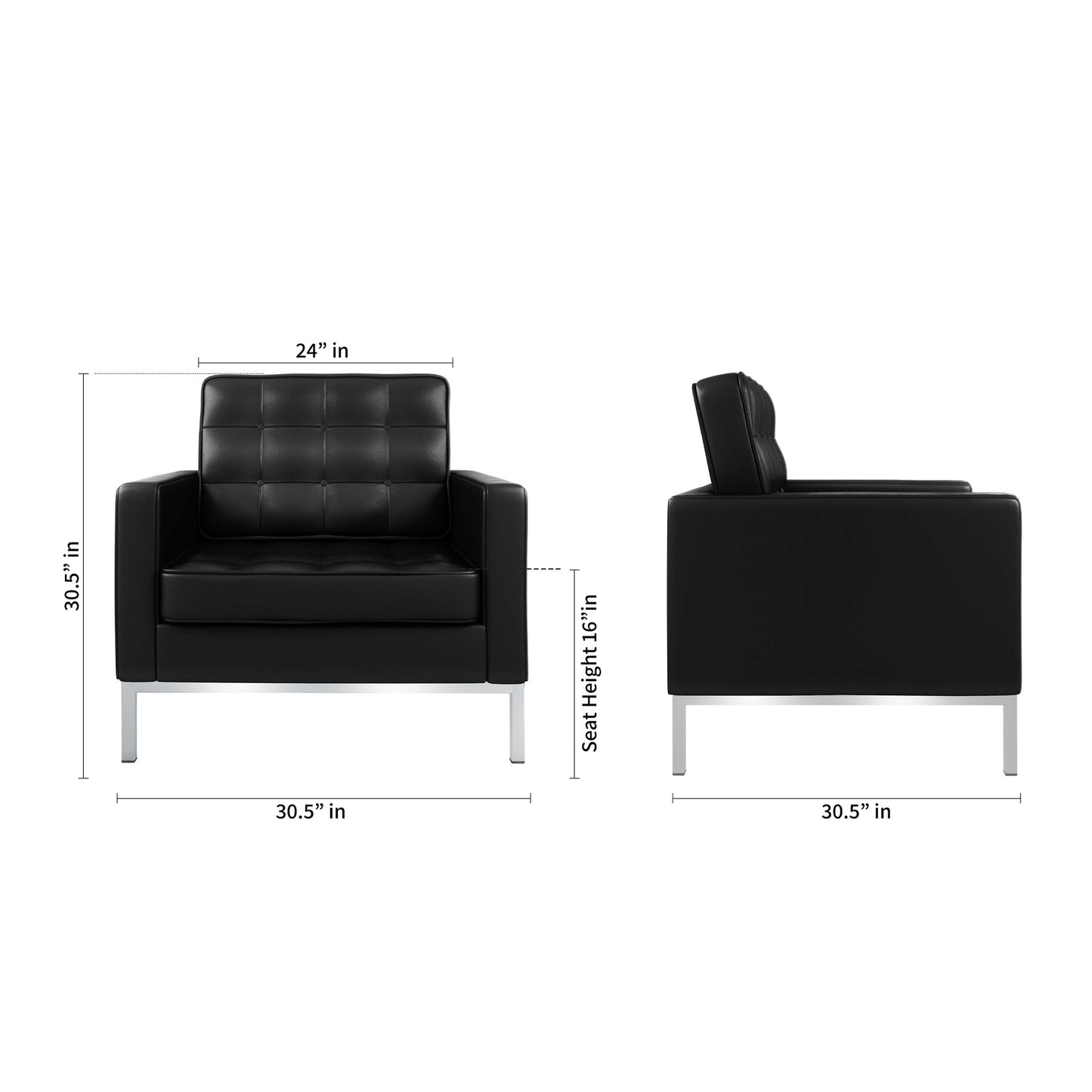 31" Black and Silver Italian Leather Tufted Club Chair