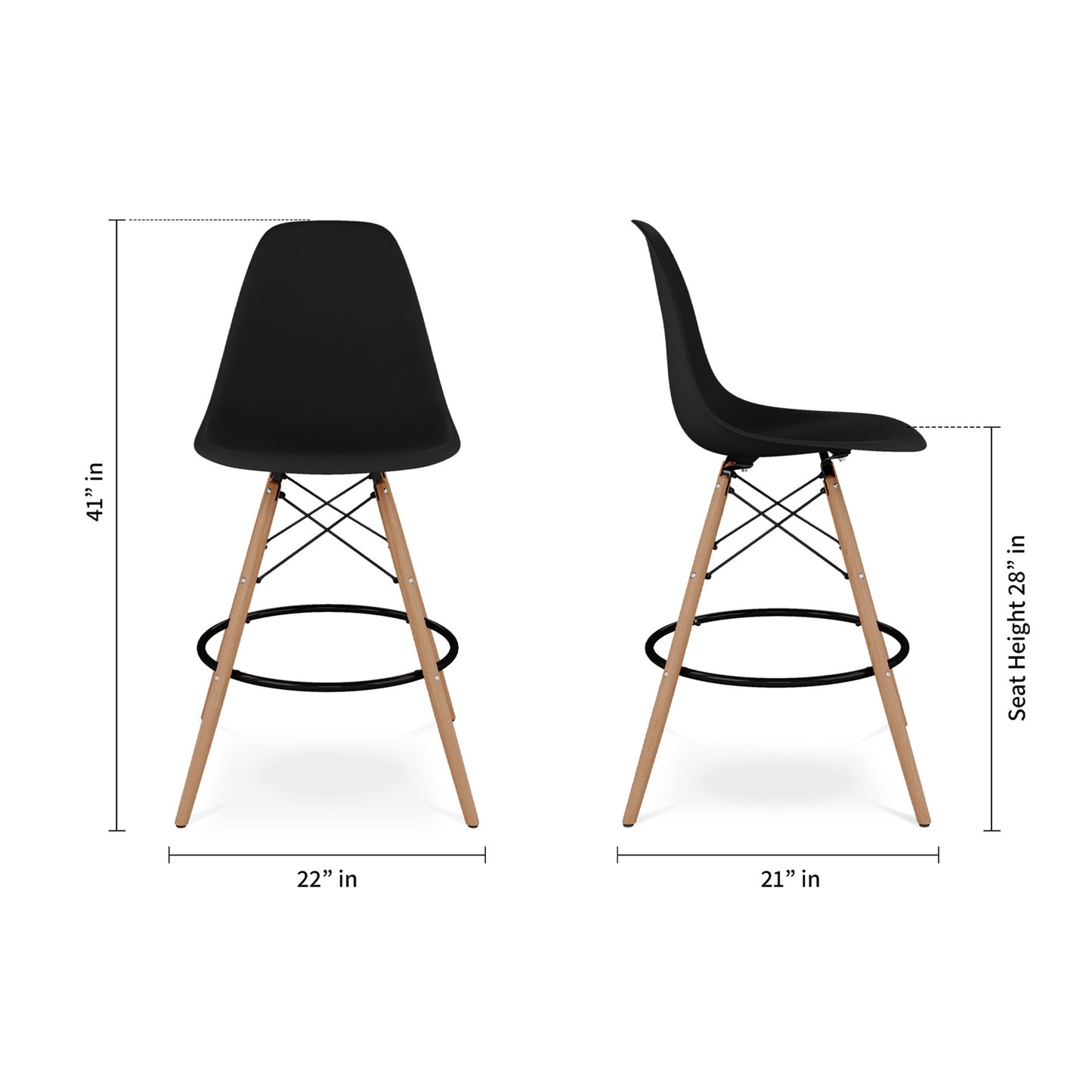 28" Black And Brown Heavy Duty Plastic And Solid Wood Counter Height Bar Chair