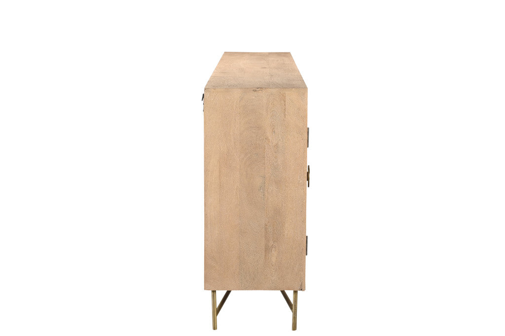 95" Natural And Antiqued Gold Solid Wood Carved Geometric Sideboard with Six Doors
