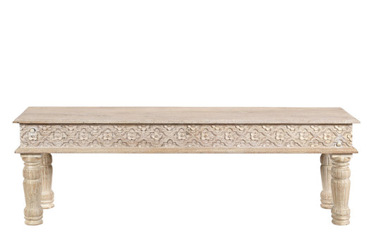 58" White Floral Distressed Solid Wood Dining Bench