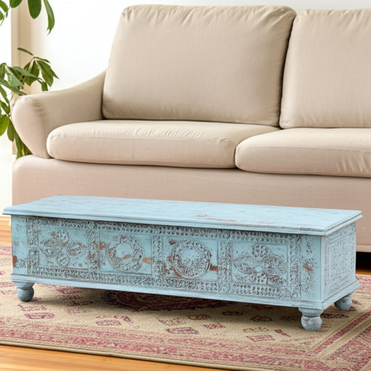 54" Aqua Carved And Distressed Solid Wood Lift Top Coffee Table
