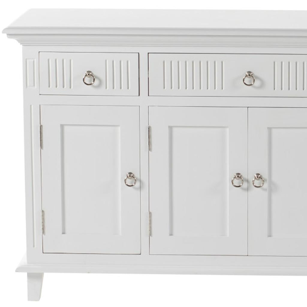 59" White Solid Wood Paneled Three Drawer Buffet Table with Four Doors