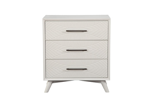34" White Carved Geometric Solid Wood Three Drawer Dresser