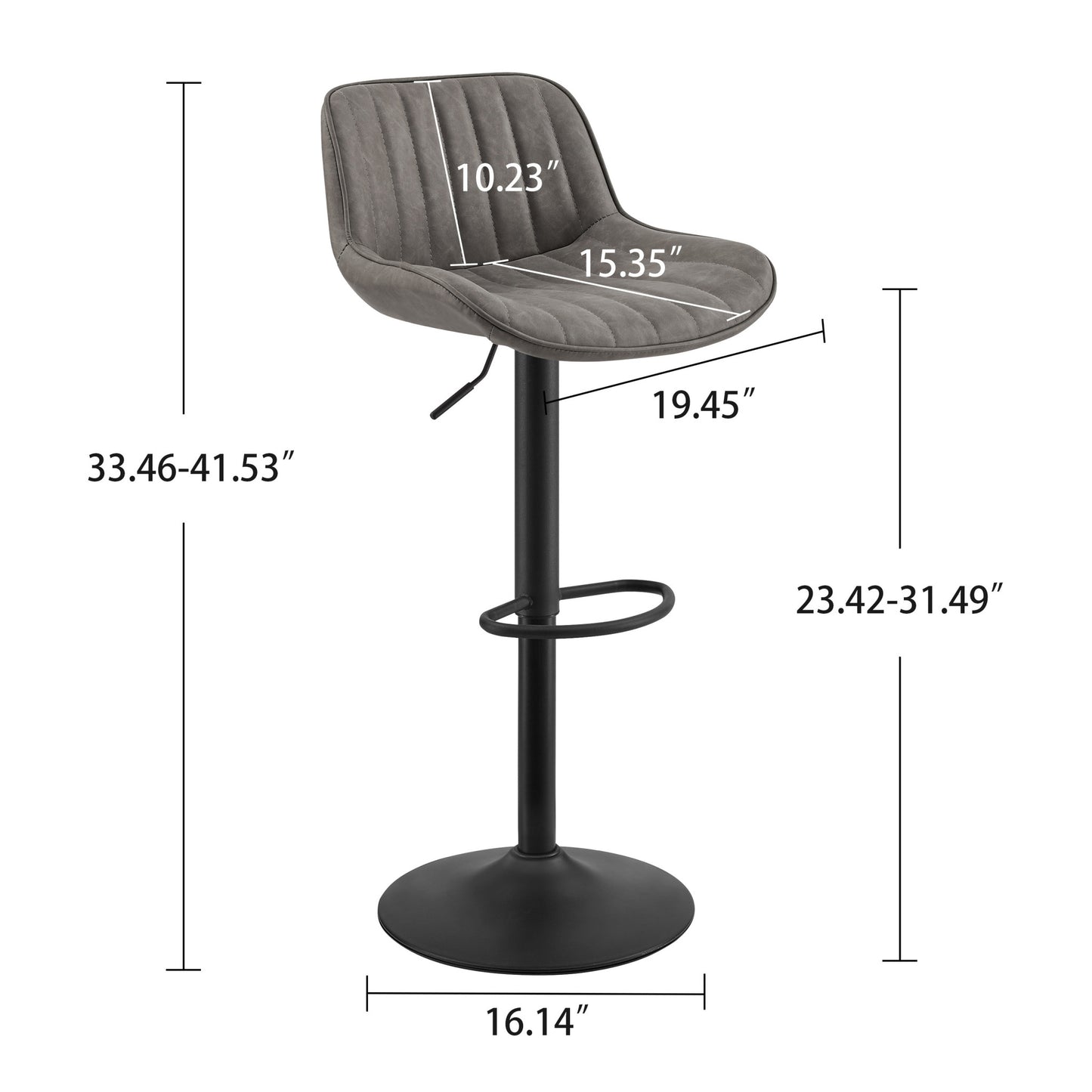 Set of Two 31" Gray And Black Faux Leather And Steel Swivel Low Back Adjustable Height Bar Chairs