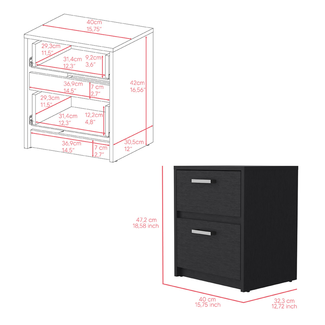 19" Black Wood Two Drawer Nightstand