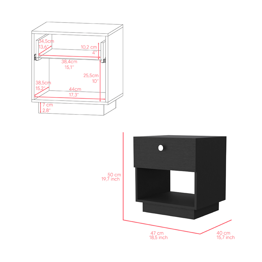 20" Black Wood One Drawer Nightstand