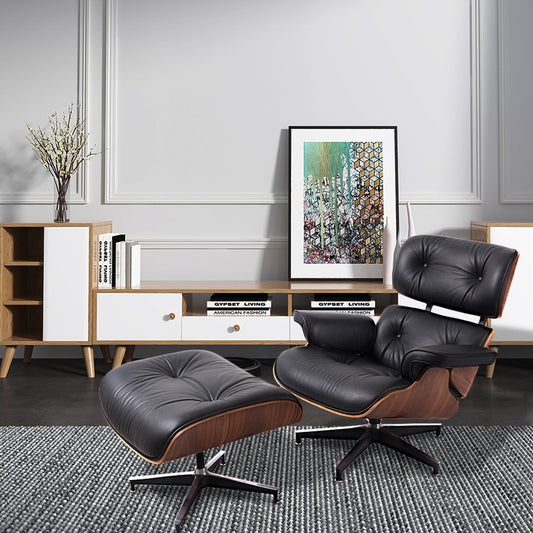 35" Black and Brown Genuine Leather Tufted Swivel Lounge Chair With Ottoman