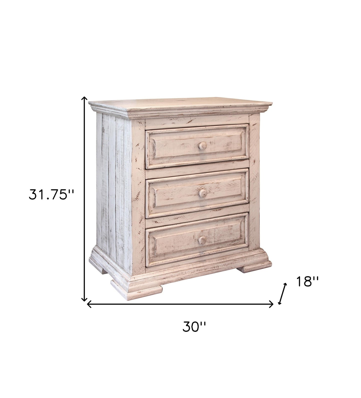 32" White Solid Wood Three Drawer Nightstand