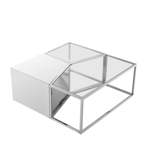 Set of Three 37" Clear And Silver Glass Stainless Steel Square Mirrored Bunching Coffee Tables