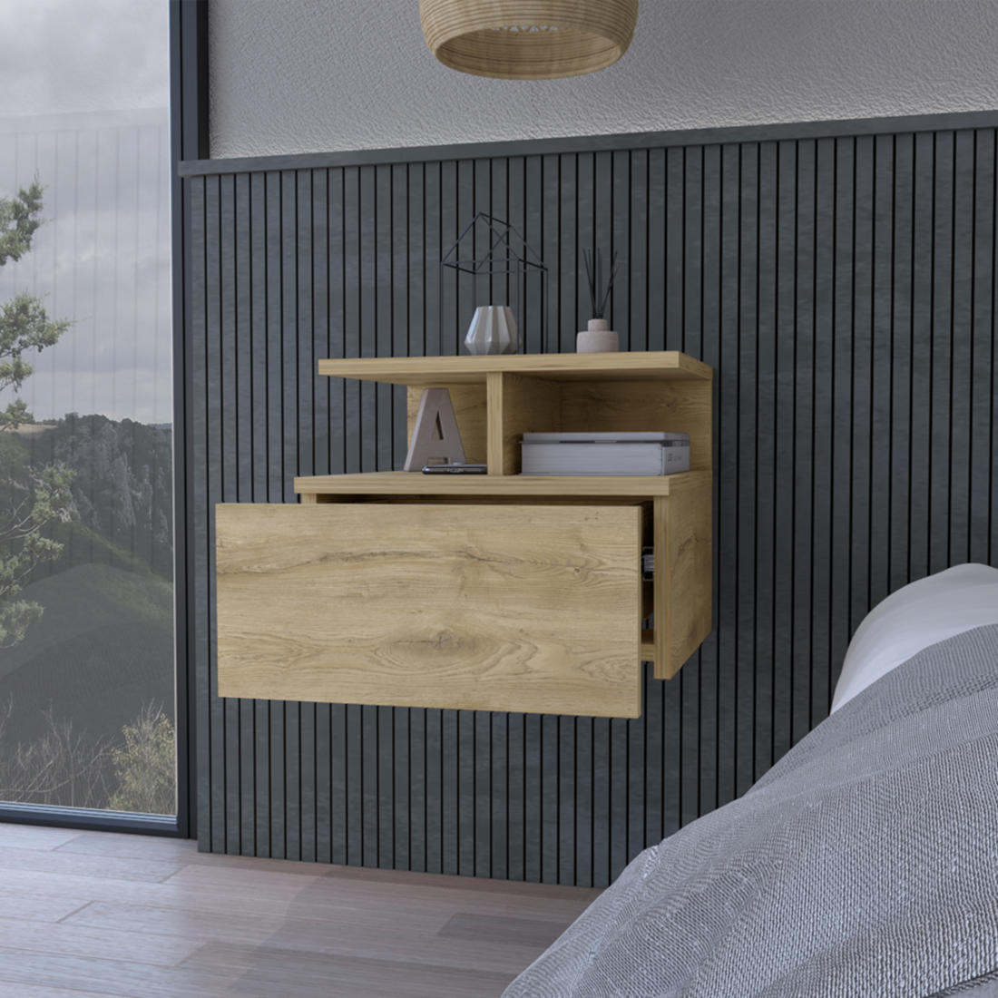 12" Beige Wood One Drawer Nightstand