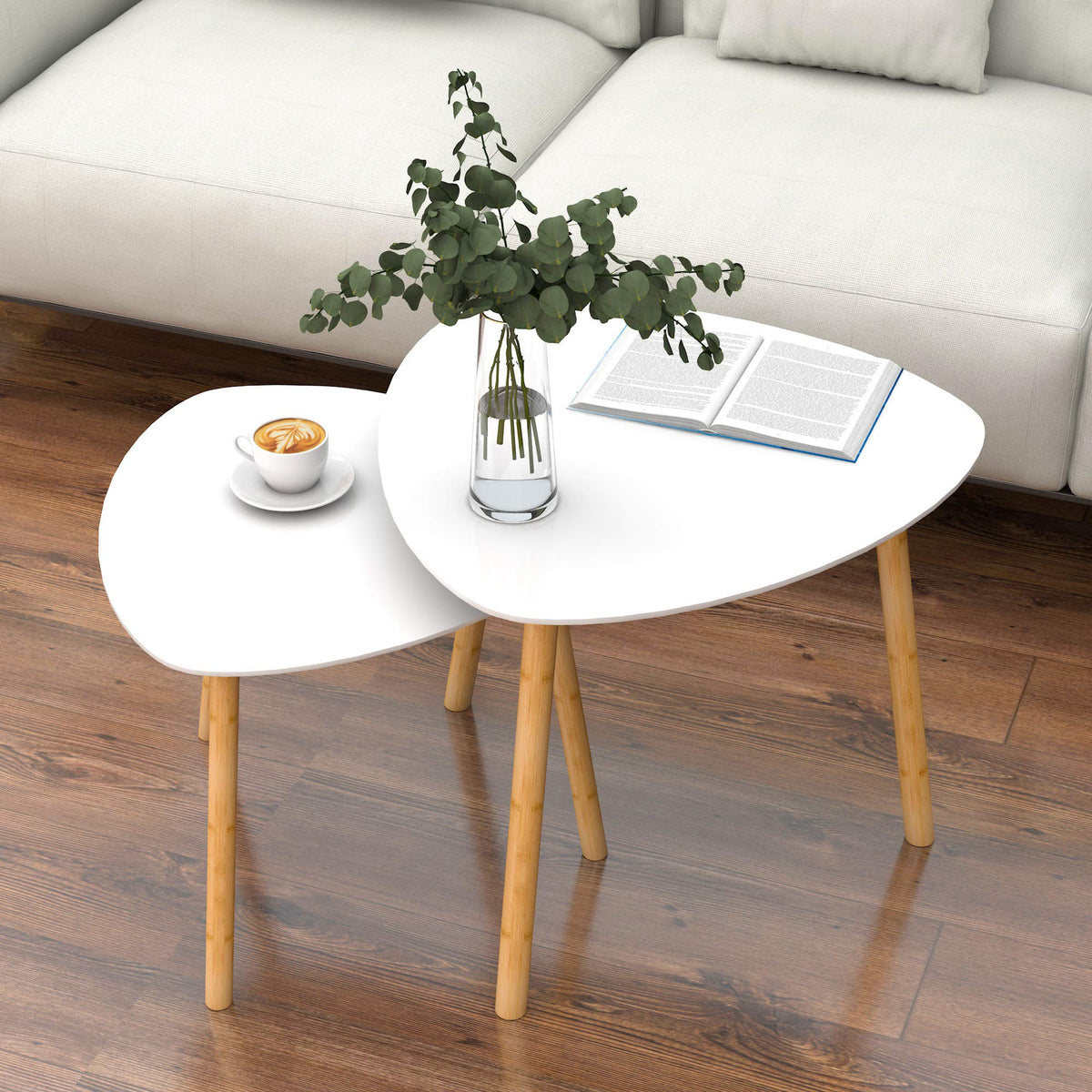Set of Two White and Natural Wood and Solid Wood Triangle Nested Coffee Tables
