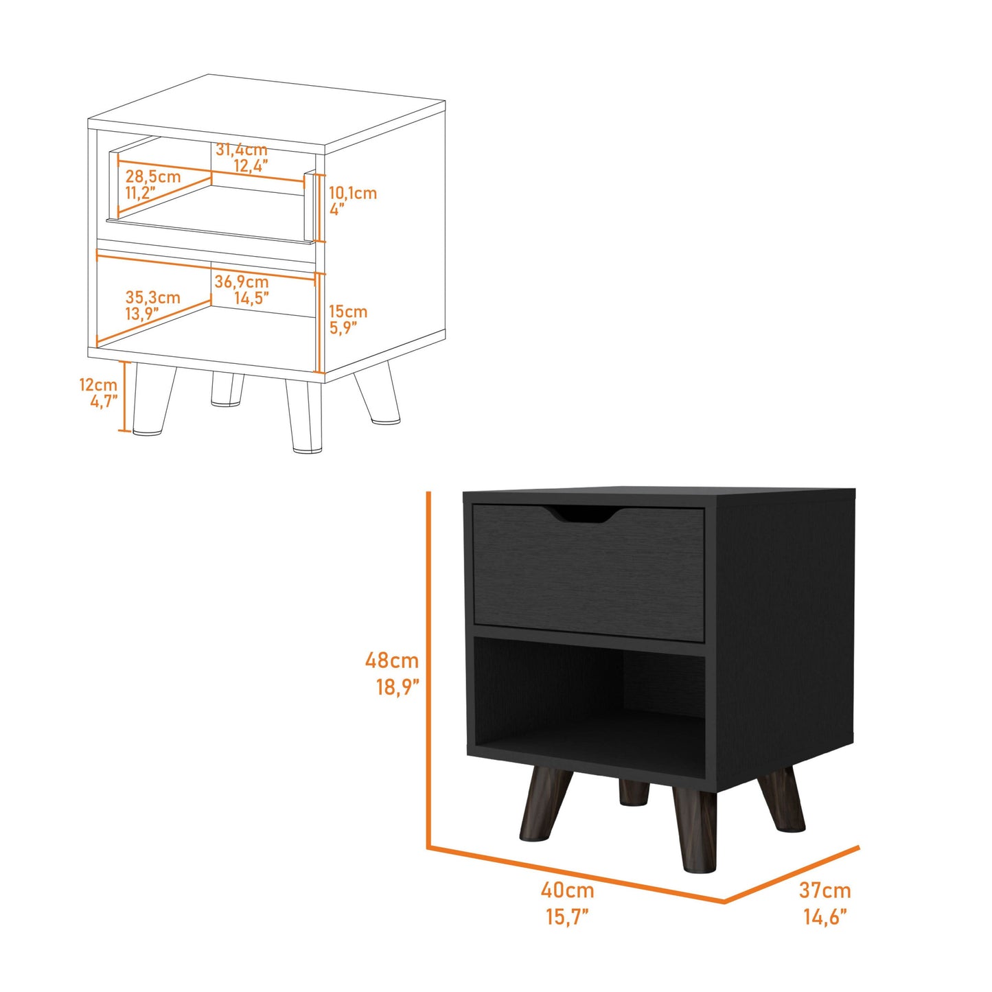 19" Black Wood One Drawer Nightstand