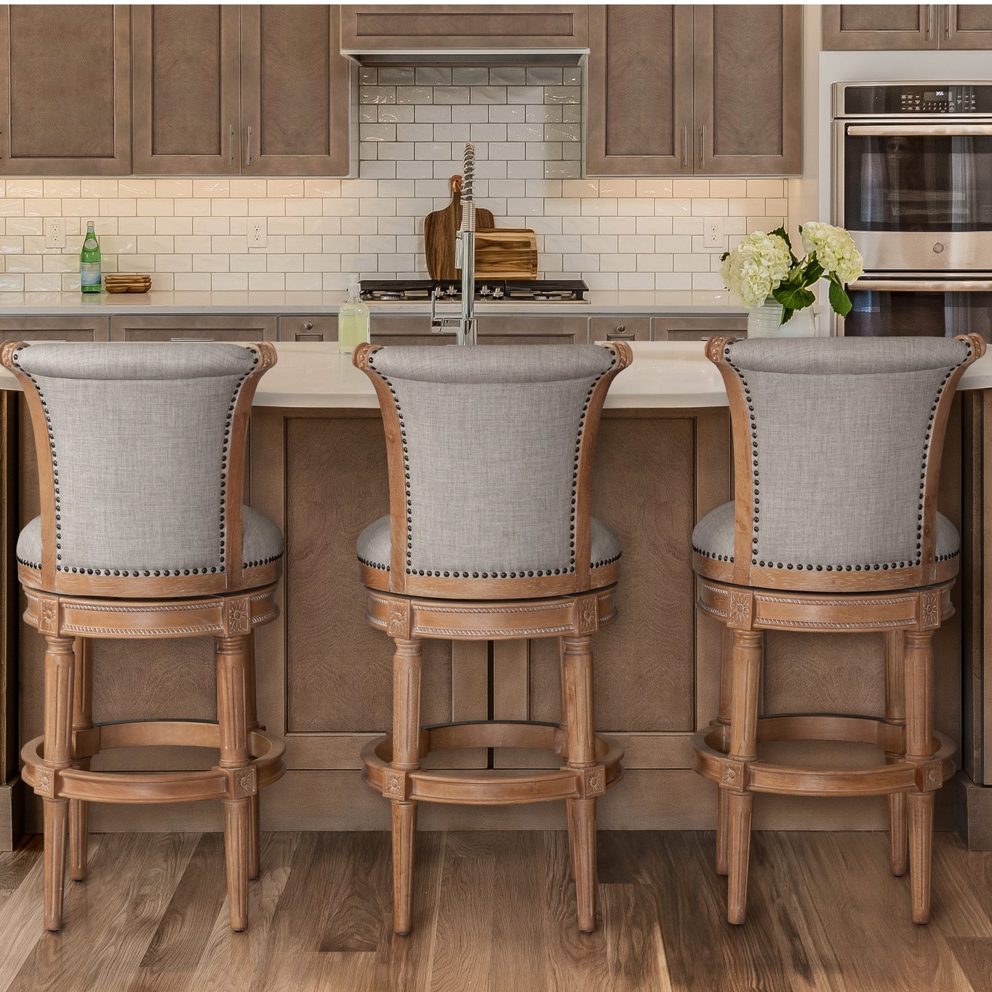 30" Beige and Natural Fabric and Solid Wood Bar Height Swivel Bar Chair