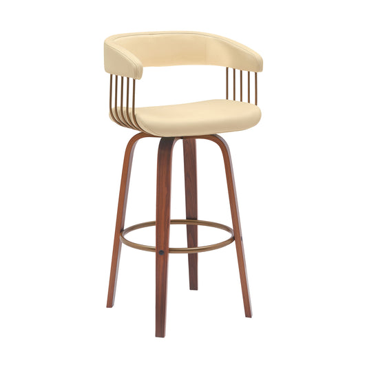 31" Cream And Wood Brown Faux Leather Swivel Bar Height Bar Chair