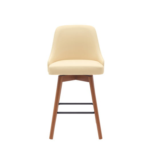 26" Cream and Wood Brown Faux Leather with Solid Wood Swivel Counter Height Bar Chair