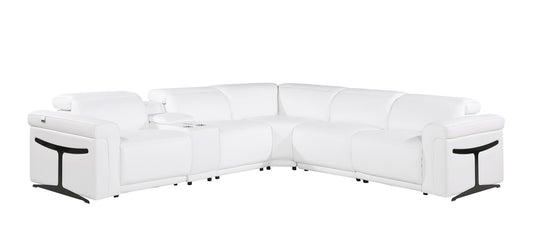 White Italian Leather Modular L Shaped Six Piece Corner Sectional With Console