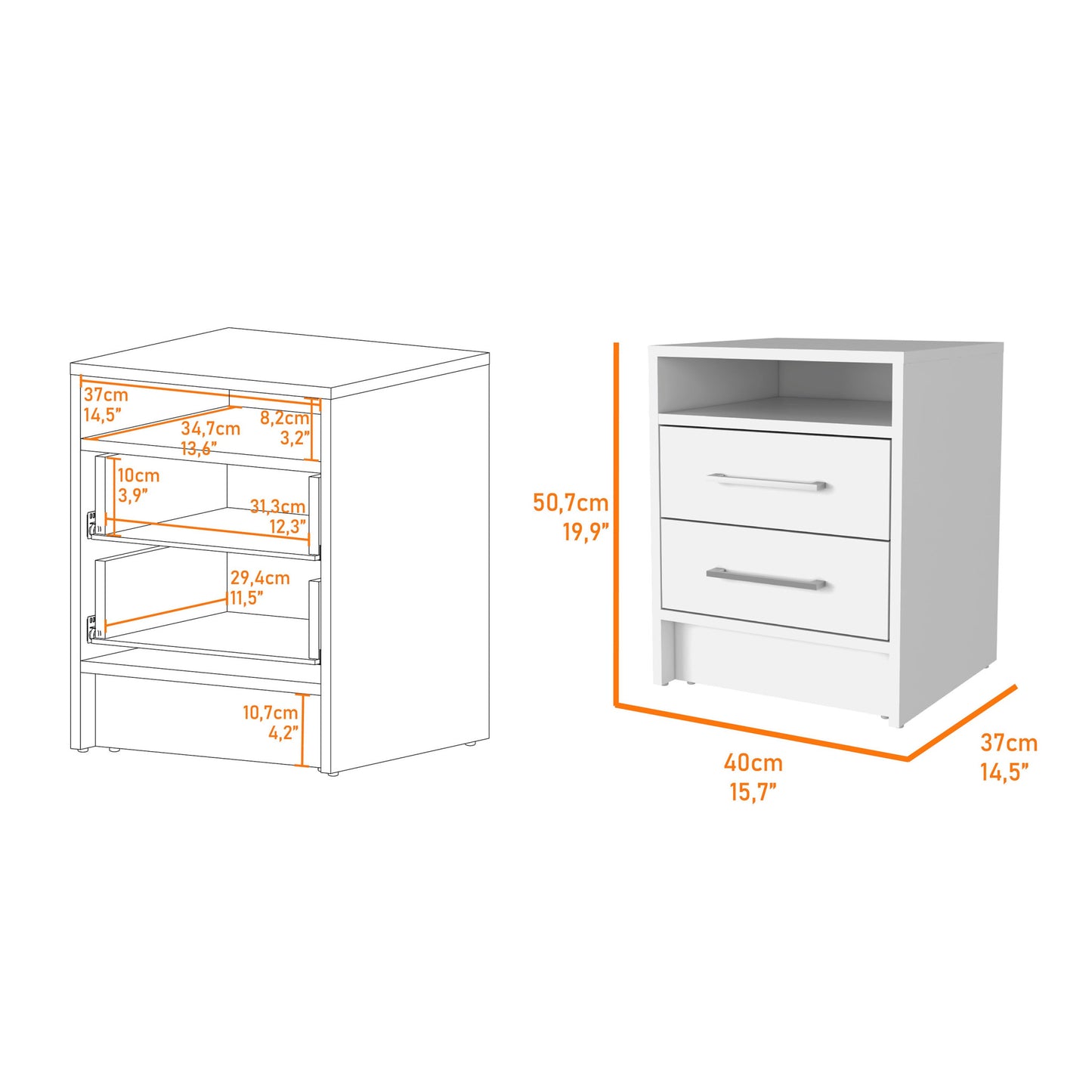 20" White Wood Two Drawer Nightstand