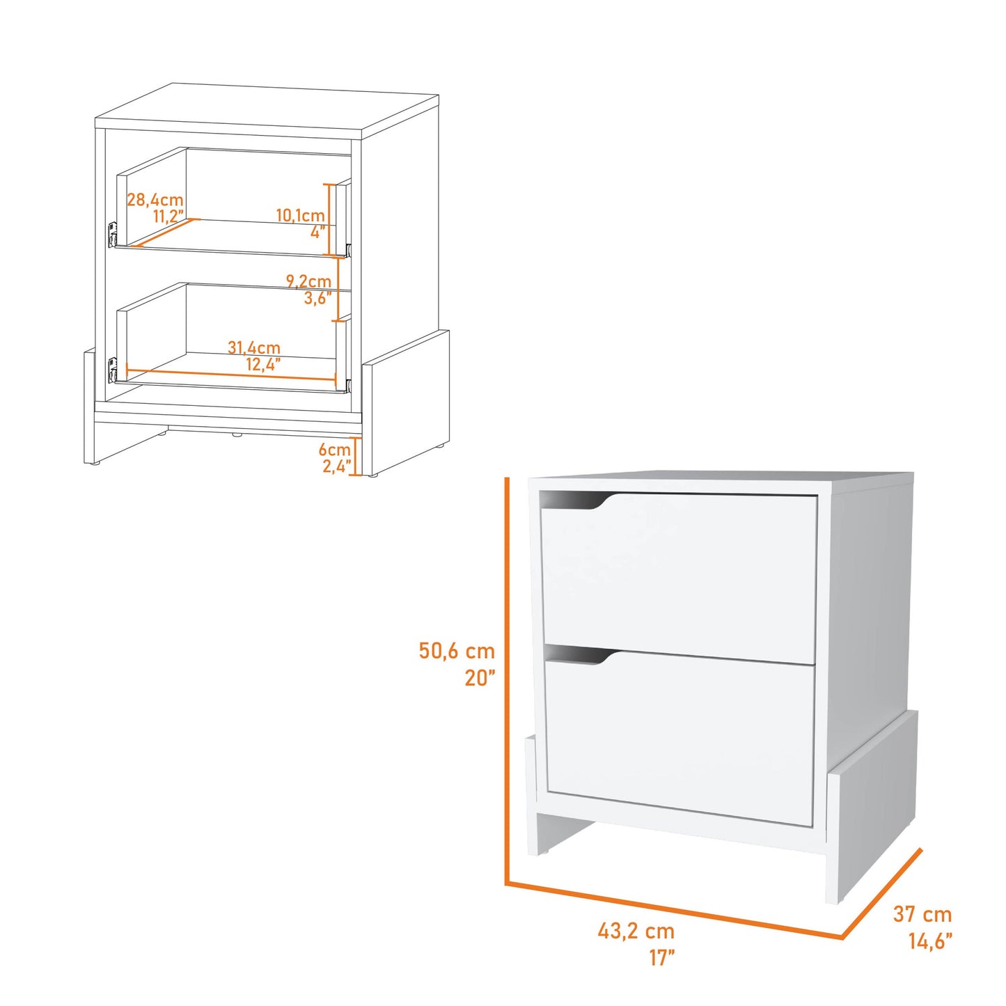 20" White Wood Two Drawer Nightstand