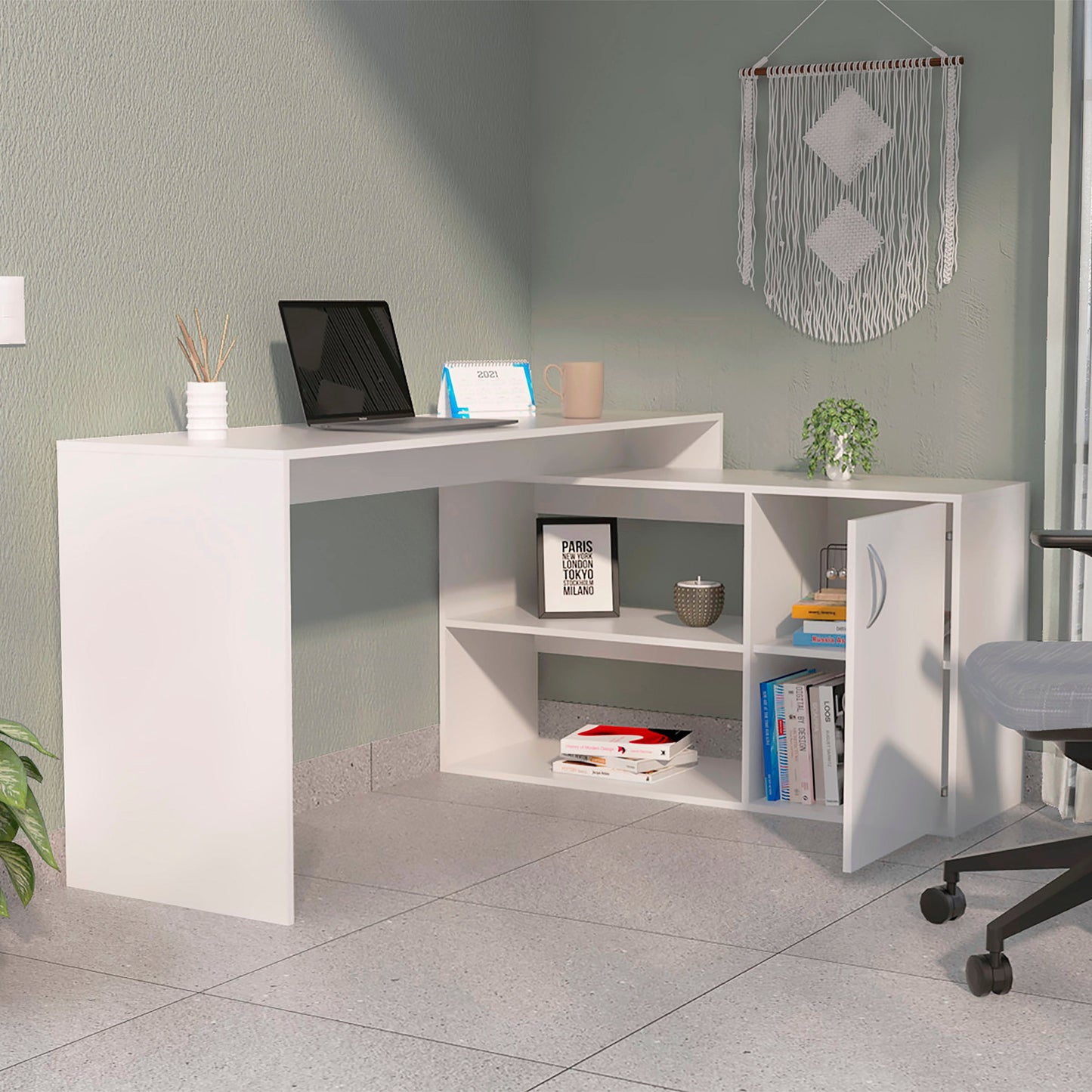 60" White Wood L Shape Writing Desk