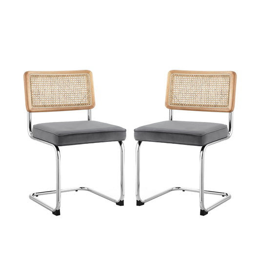 Set of Two Gray and Silver Upholstered Velvet Dining Side Chairs