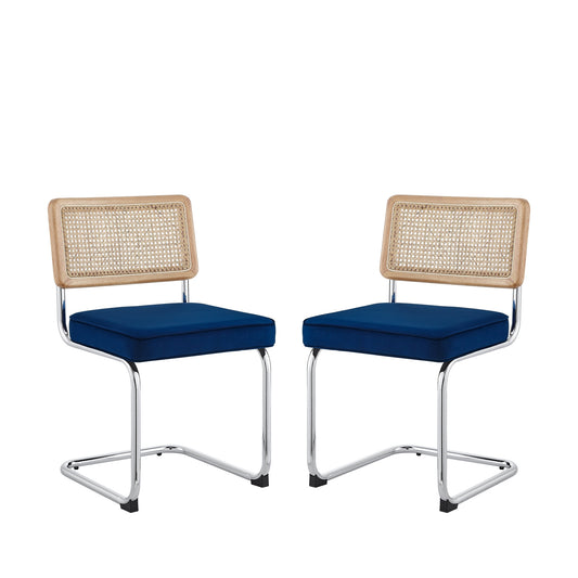 Set of Two Navy Blue and Silver Upholstered Velvet Dining Side Chairs