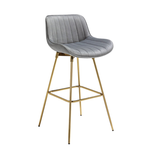 Set of Two 29" Gray and Gold Velvet and Metal Low Back Bar Height Swivel Bar Chairs